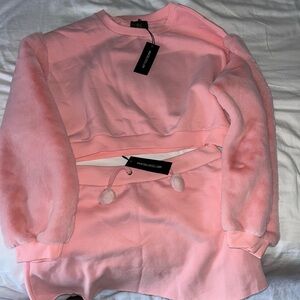 Pink Fuzzy Sleeve Sweatshirt and Skirt Set